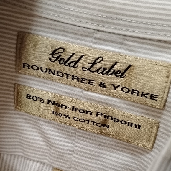 Roundtree & Yorke Tan Casual Button Down Shirt Men's 100 Cotton Striped Button D - Picture 3 of 10